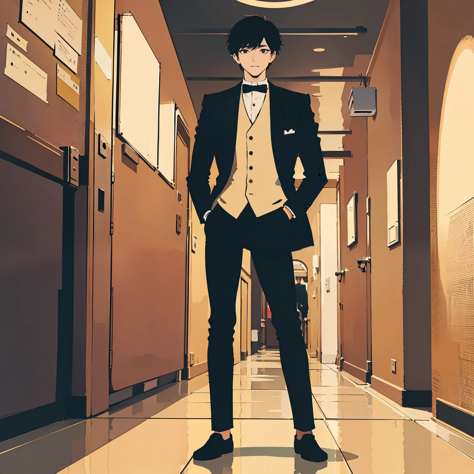 Крутой молодой человек, стоя в бесконечном коридоре