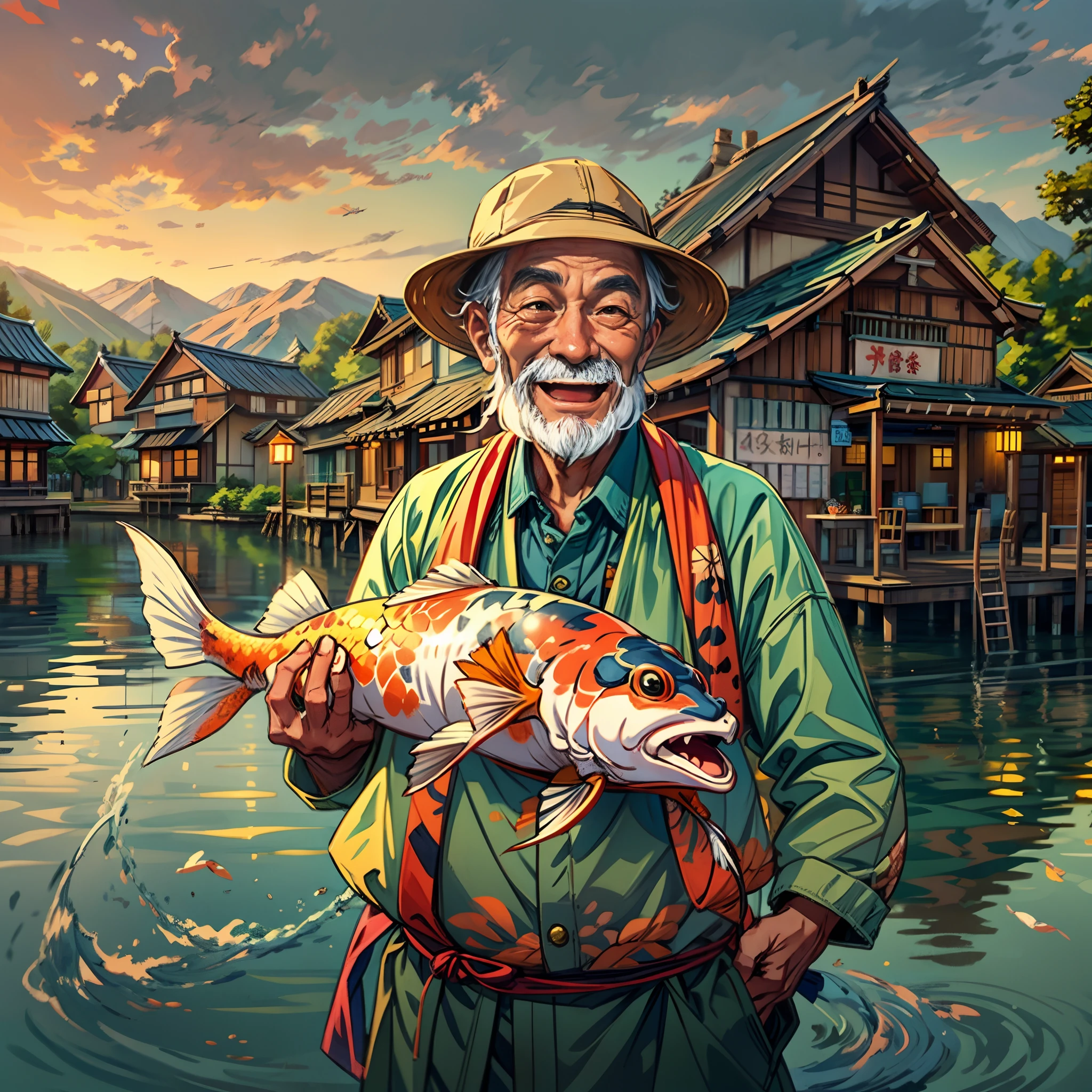 closeup, front view of a happy old fisherman holding a (big:1.2) Koi Fish, simple clothing, hat, fascinating evening village backdrop