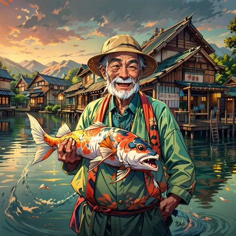 closeup, front view of a happy old fisherman holding a (big:1.2) Koi Fish, simple clothing, hat, fascinating evening village bac...
