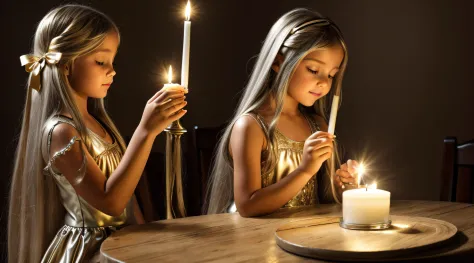 CHILDREN LONG HAIR SILVER GOLDEN ANGEL GIRL with candle accesses in hand.