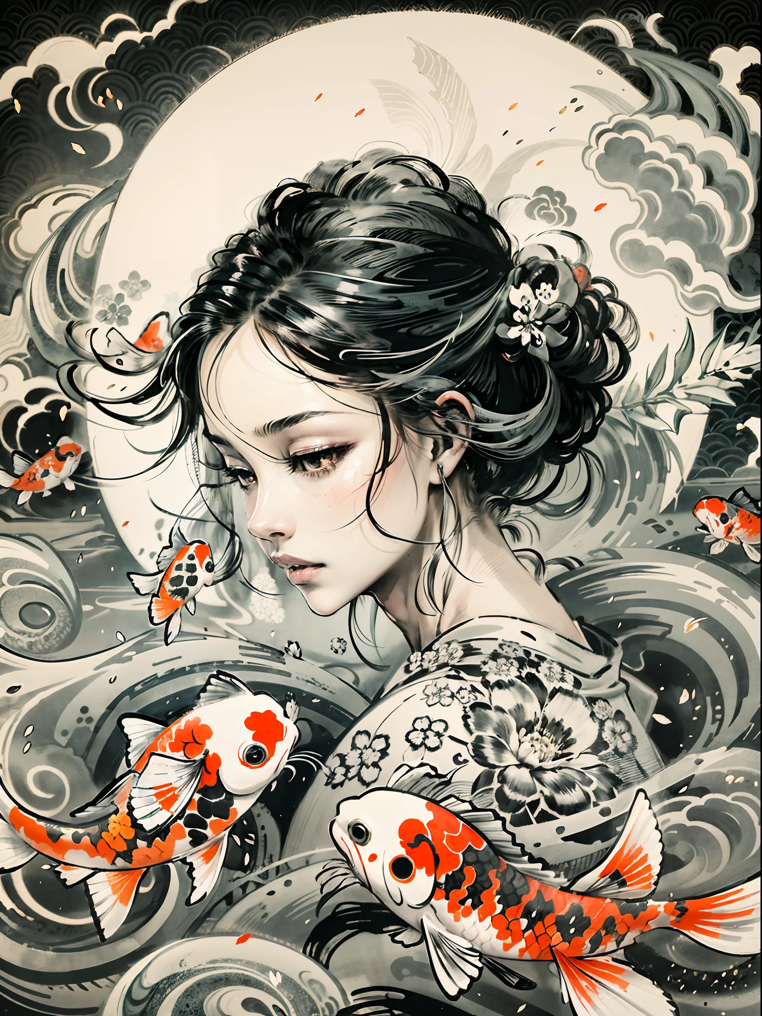 "Eine faszinierende Darstellung eleganter Koi-Fische, die anmutig um ein junges Mädchen wirbeln, erinnert an eine atemberaubende japanische Schwarz-Weiß-Tuschemalerei, bildet ein faszinierendes Yin-Yang-Symbol im Hintergrund."