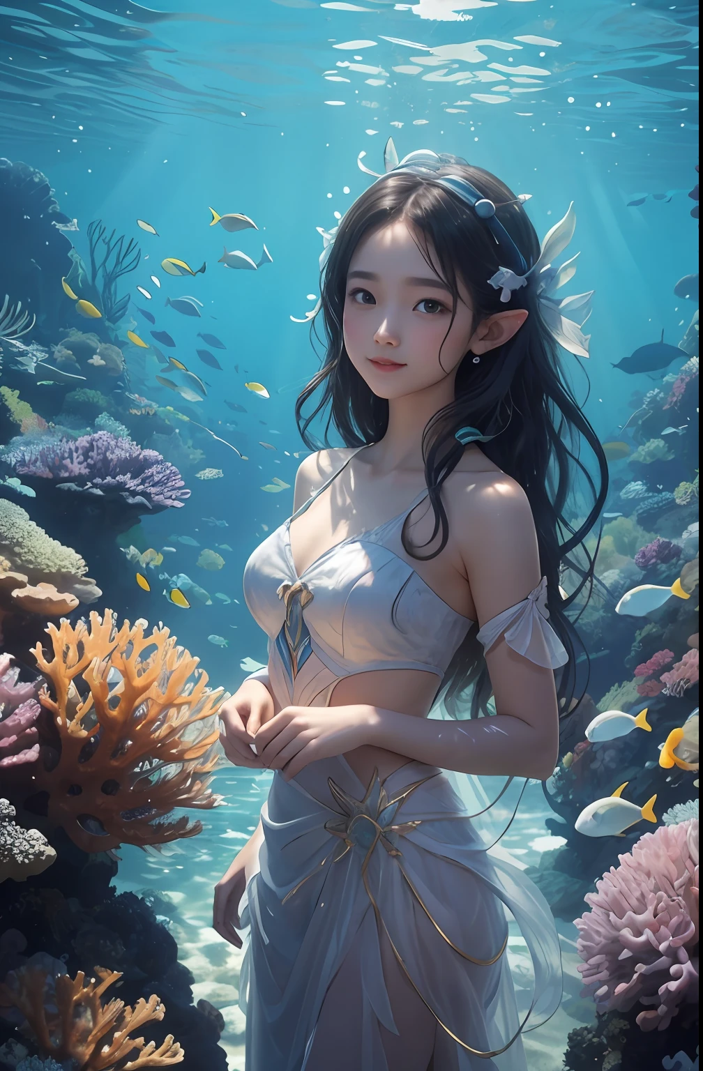 In the depths of the ocean，There is a beautiful girl，She is the elf of the sea，Accompany colorful fish and gorgeous coral reefs。

Her long hair was as thick as kelp，Soft and shiny，Flowing in water，Like a flowing ribbon。Every strand of hair shimmers with golden light，Like sunlight jumping in the sea，Exudes a unique sheen。Her eyes were like two deep pearls，The black pupils shone with a mysterious light，It is as if you can see through the depths of the ocean。

Her figure is light and elegant，Wearing a skirt woven from shells and conch，Like a princess under the sea。Her skin is as tender as fresh fi is brightened by the slight sunlight in the water。

The coral reefs around her are like a rainbow，Red、Orange、Yellow、The purple，Colorful，Shapes vary。They are gems in the ocean，Add endless color to this underwater world。A variety of marine life are attached to the coral reef，There are strangely shaped starfish，There are colorful small fish，There are also transparent jellyfish，They swim freely in the water，Bring life to the underwater world。

When the girl swims in the water，Her long hair fluttered behind her，With those colorful fish，A messy picture was formed。This messy beauty，yet harmonious and natural，Let people marvel at the magic and beauty of nature。Her hair is like silk in water，Flows through the water as she swims，Blend in with the surrounding aquatic creatures，It creates a mysterious and harmonious atmosphere。
Every time she smiled，It's like a ray of light in the ocean，Warm and brilliant。She dances freely in the underwater world，Together with the beautiful coral reefs and fish, it forms a beautiful picture，Let people marvel at the mystery and beauty of the ocean。Detailed screen，{best qualtiy}， {{tmasterpiece}}， {A high resolution}， Original， Extremely detailed 8k wallpaper， {Extremely refined and beautiful}，（tmasterpiece） ， （best qualtiy） ， （Realistis： 1.3） ， realisticlying， rendering by octane， （hyper realisitc： 1.2） ， Perfect feature， Original， extremelydetailedwallpa
