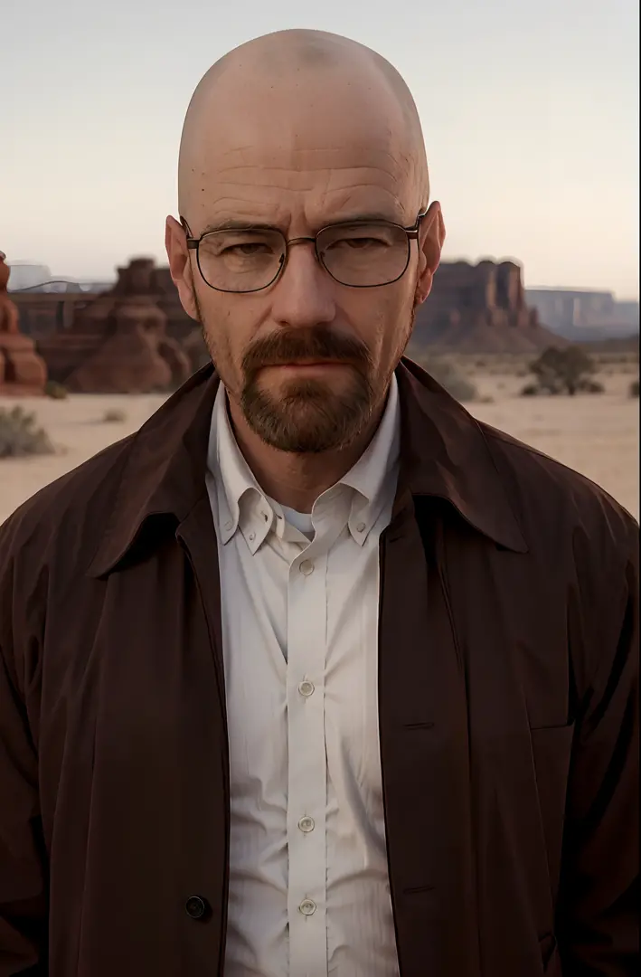 Bald man, glasses, professorial beard, in brown coat and white shirt, standing, desert, high quality, film style