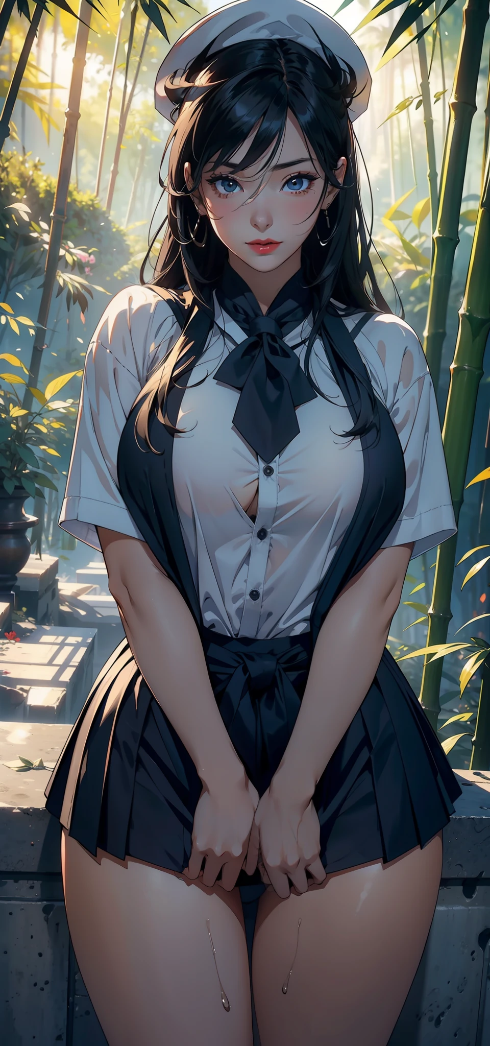 1female，36 years old，MILF，mature，Bigchest，Big breasts Thin waist，long leges，Raised sexy，Pornographic exposure， solo，（Background with：bamboo forrest，Snow on the ground） She has short black hair，standing on your feet，Sweat profusely，drenched all over the body，seen from the front， hair straight， mostly cloudy sky，（（（tmasterpiece），（Very detailed CG unity 8K wallpaper），best qualtiy，cinmatic lighting，detailed back ground，beatiful detailed eyes，Bright pupils，（Very fine and beautiful），（Beautiful and detailed eye description），Black eyes，Redlip，ultra - detailed，tmasterpiece，）），facing at camera，（The upper part of the body），A high resolution，ultra - detailed），revealing breasts，Bare genitals，  Bulge，legs are open，sexyposture，Camel toes，Flushed complexion，Open-mouthed，frontage，elementary student，Sailor's cap（Wearing：Uniforms，Sailor uniform，，dynamicposes）