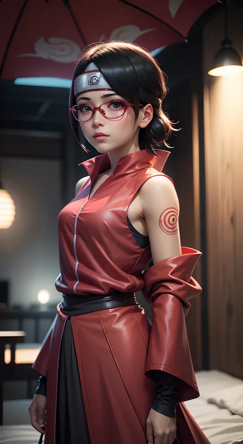 Imagem de Sarada Uchiha com Sharingan ativado, vestindo um kimono vermelho de gola alta sem mangas em estilo realista. Create a ...