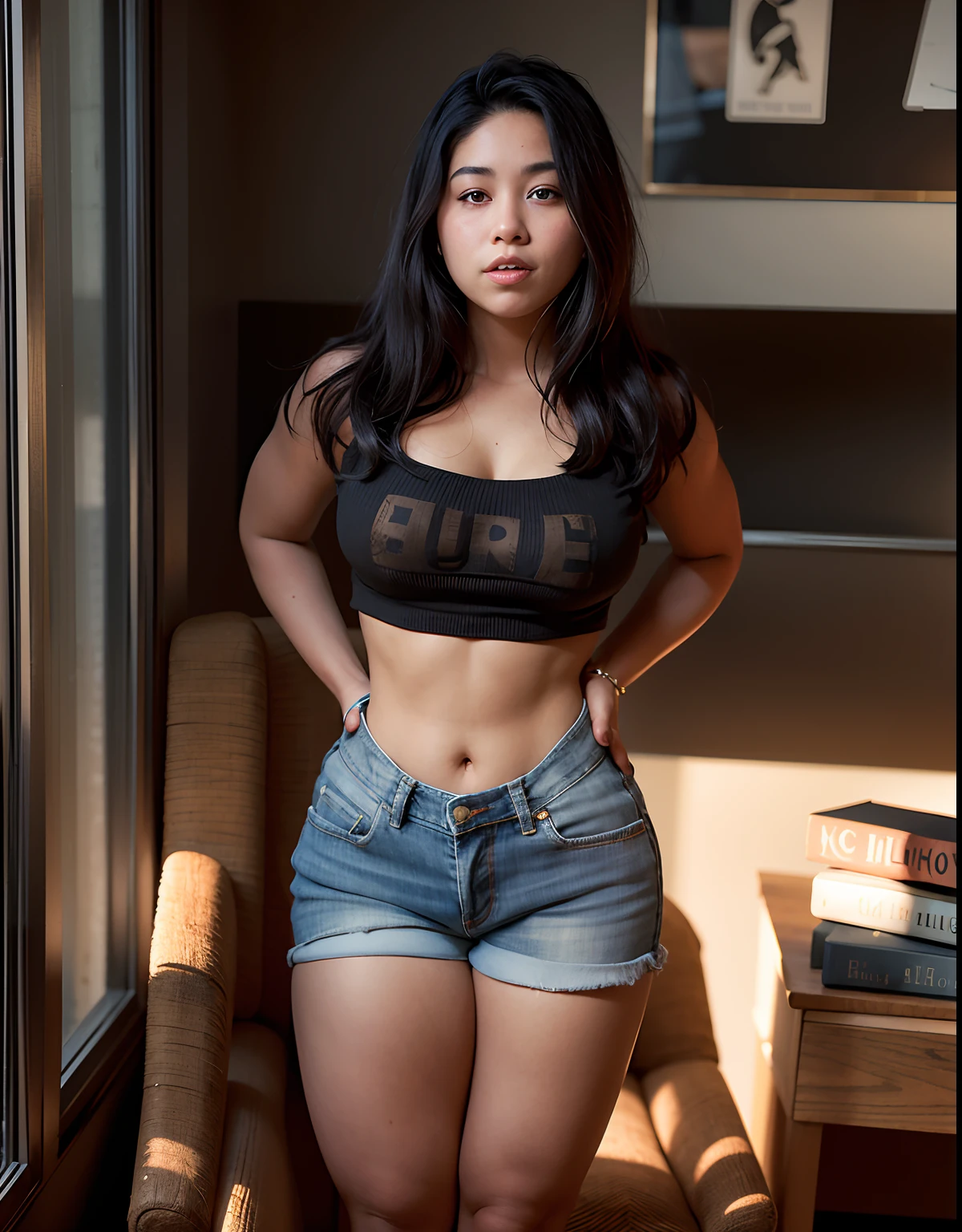 Arafed asian woman in a black top and denim shorts posing for a picture -  SeaArt AI