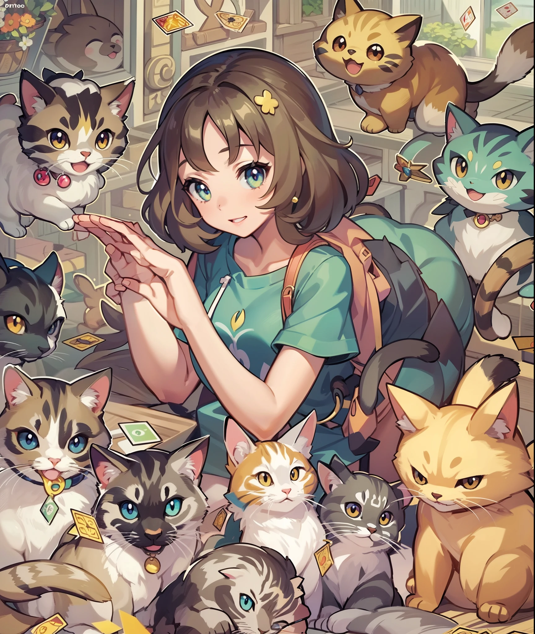 1girl in,A pokémon_The card,(top-quality), (high_quality), (Convoluted_Details), (ultra-detailliert), (illustratio), (Distinct_image),saito_naoki、With cats（（Cute cat１.５））