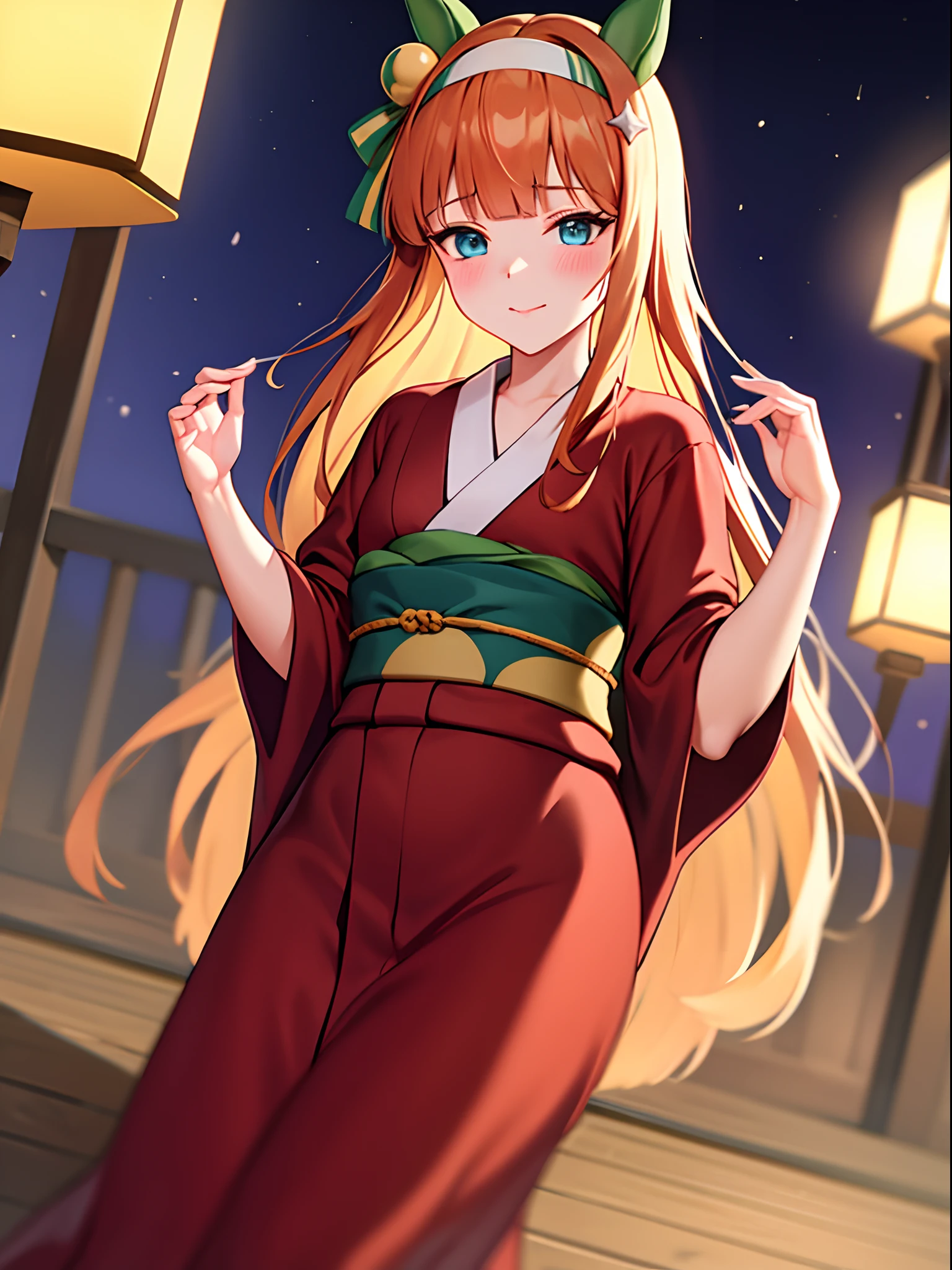 ​masterpiece, Best Quality，top-quality，{{{Silence Suzuka/Umamusume}}}，{{orange very long hair}}，{{White headband}}，{{{Green horse ears}}}，Light blue eyes，Look at viewers，red blush，smil，a closed mouth，lipsticks，{{{Very small breasts}}}，{{{Kimono with open chest}}}，Fallen kimono，no-bra，{{{Luxurious kimono in black color}}}，{{{Pictures of the Dark}}}，{{{lantern}}}，{{{Tatami Japanese-style room}}}}