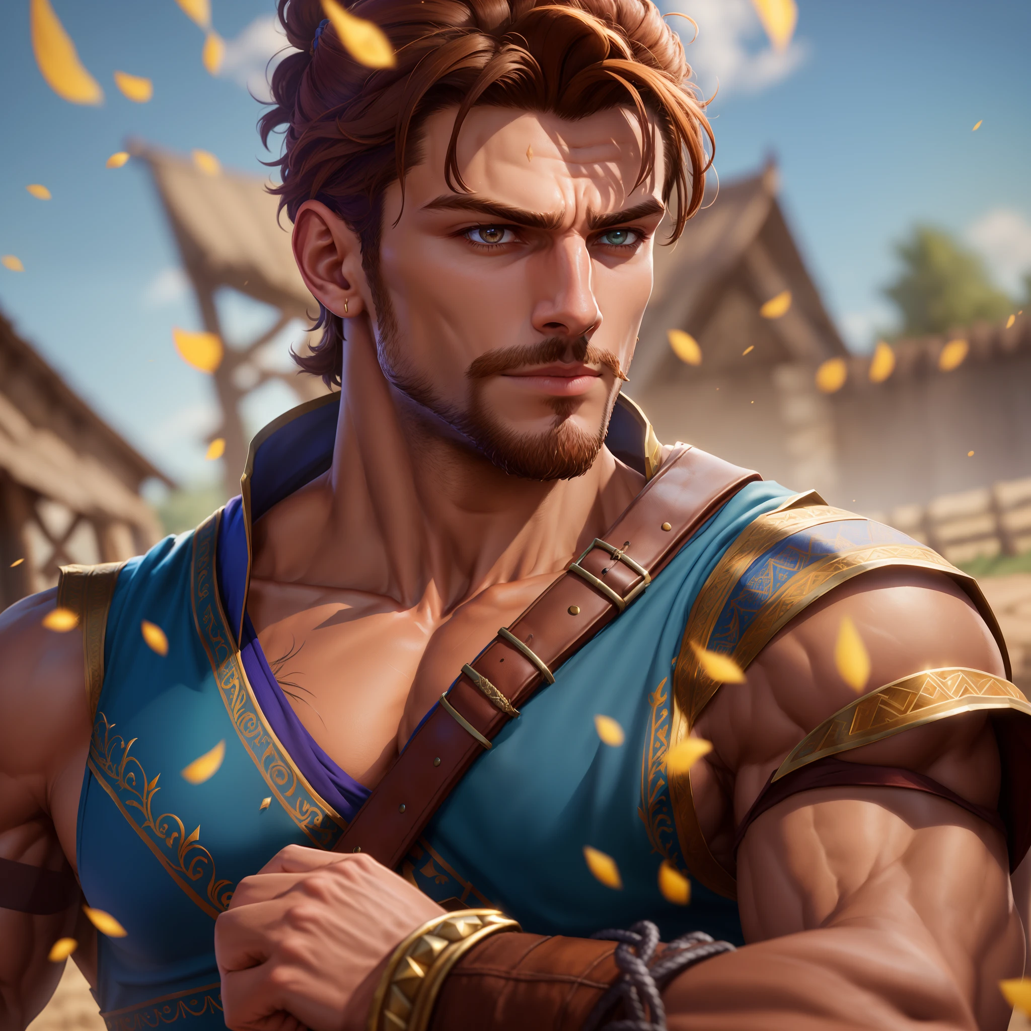 male, young, handsome, very muscular guy, broad shoulders, intricate details, brown hair in topknot, brown eyes, angular features, pointed chin, smirking, shirtless, loose blue pants, sweating, fist-fighting, battle stance, colorful, highest detailed, full body, 8k, realistic textures (ultra highres:1.0), detailed,( face focus, detailed eye, (depth of field:1.3), (solo:1.1),((medieval farm environment)), bokeh, particle effects, raytracing, ((hand in fist on left pec:1.3))