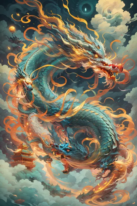 A Chinese dragon shuttles through the clouds，Blue mane, Detailed dragon claws，jen bartel, mythological creatures, Inspired by James，ethereal fox, psychedelic illustrations, colorful flat surreal ethereal, james jean style, an illustration of inspired by Vi...