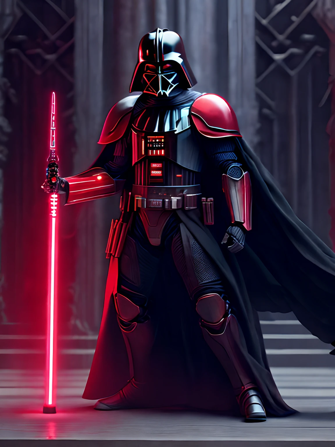 full body portrait of Darth Vder from star wars holding a red ...