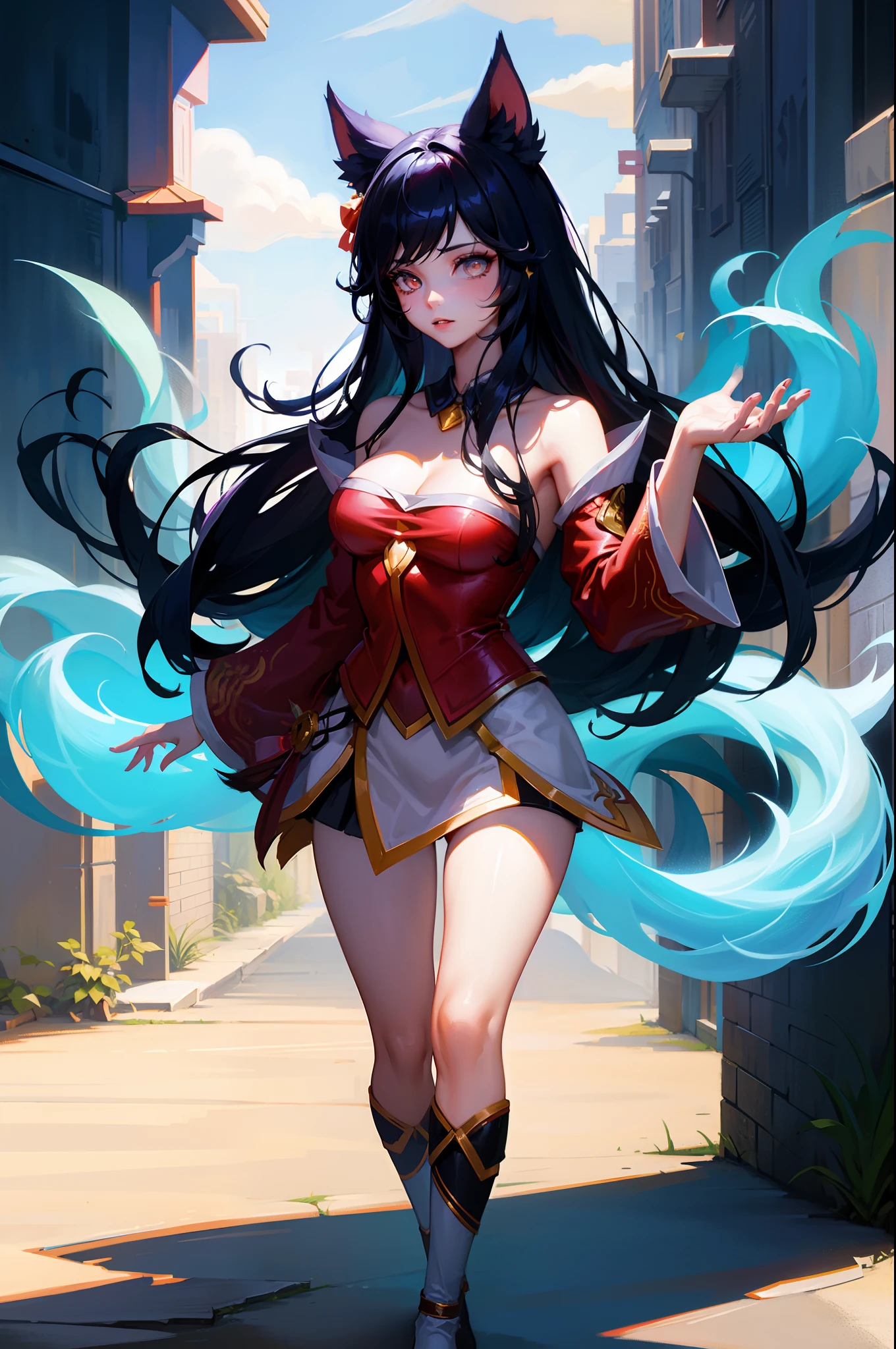 ahri, 1girl, absurdres, ahri_\(league_of_legends\), animal_ears, black_hair, breasts, detached_sleeves, distr, facial_mark, fox_ears, fox_tail, hand_up, highres, large_breasts, league_of_legends, long_hair, long_sleeves, looking_at_viewer, magic, multiple_tails, orange_eyes, parted_lips, solo, standing, standing_on_one_leg, tail