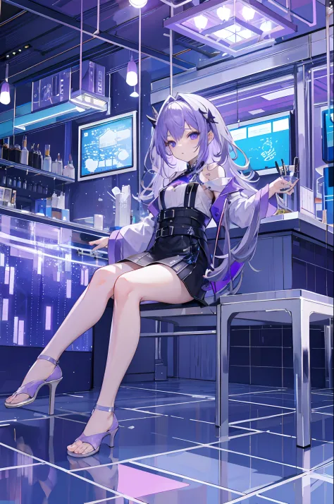 Top image quality、Girl sitting on the ground、Silver to purple gradient hair、nigh sky、Into the cloud、Cafe with complex glass stru...