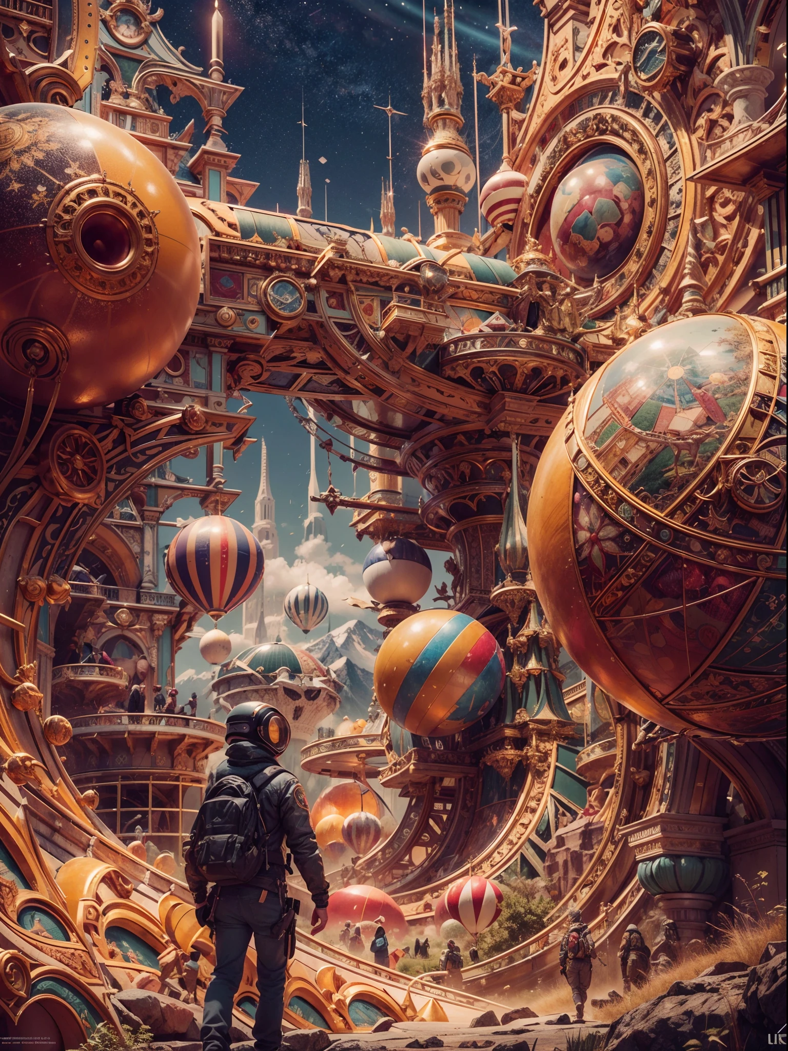 ((La mejor calidad)), ((obra maestra)), (muy detallado:1.3), astronauta, el esta ubicado en el centro, Exploring an alien planet with mountains in the background, spheres with fractal designs around, cyberpunk, Fractal design in the background, FUTURISTICA, golden ratio, 3D tessellation of metal structures, neuronal graph, neuronas, Color, amor, passion, oil on canvas, pinceladas gruesas, Stunningly Detailed, 8k, obra maestra, Artstation, surrealista, obra maestra, realista, realismo, fotorrealismo, alto contraste, photorealistic digital art trending on artstation 8k hd high definition detailed realistic, detallado, textura de la piel, hiper detallado, textura realista de la piel, armadura, mejor calidad, ultra-high-resolution, , high resolusion, detallado, foto sin procesar, nikon d850 film stock photograph 4 kodak portra 400 camera f1.6 Lens rich colors hyper realistic texture dramatic lighting UnrealEngine trend in Artstation Cinestill 800,