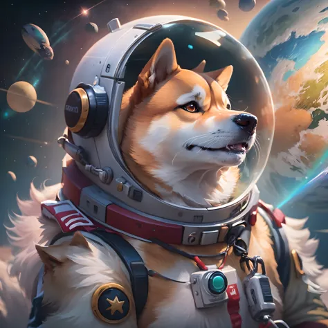 Cachorro arafed em um traje espacial com um planeta ao fundo, Retrato do cosmonauta Shiba Inu, Cosmonauta Shiba Inu, Cosmonauta ...