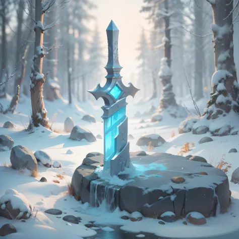 Add a stone statue in the shape of a wolf warrior den, This statue is covered in snow