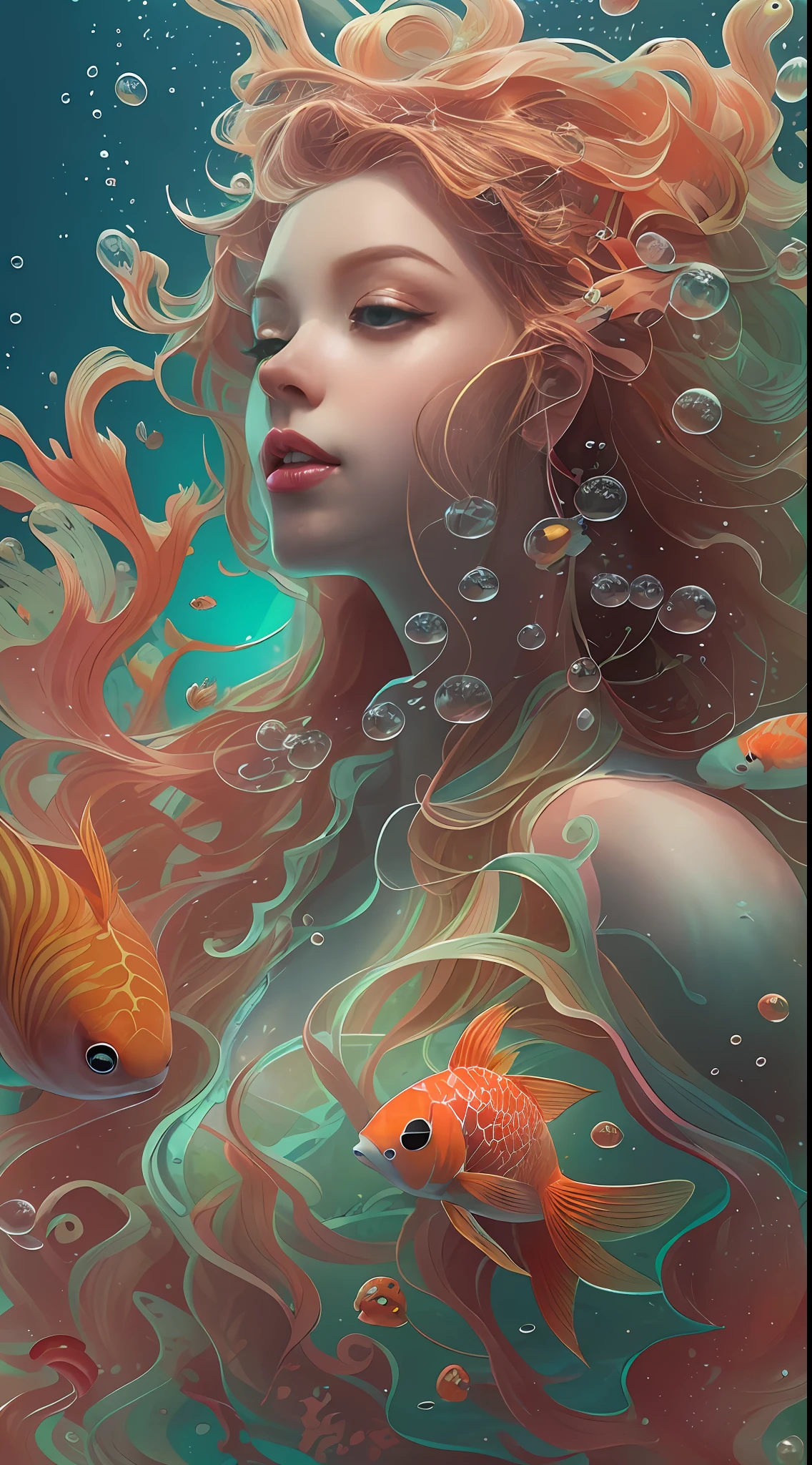 ModelShoot style, (Extremely detailed Cg Unity 8K wallpaper), A chaotic storm of intricate liquid smoke in the head, Stylized abstract photo of mermaid girl, wetted skin,Koi，Beautiful koi，Flocks of koi,carp，Strange shaped corals，ocean floor，Beautiful coral reef in the background，Rochas,Marine life，colorful coral reef,Decorate with coral reefs,author：Petros Afshar, ross tran, tom whalen, Peter Mohrbacher, Art germ, ((bubbly underwater scenery)) Radiant light octane rendering is highly detailed, inspired by Yanjun Cheng, Beautiful digital artwork, Guviz-style artwork, 8K highly detailed digital art, Beautiful digital illustration, Cute detailed digital art, stunning digital illustration, A beautiful artwork illustration, Exquisite digital illustration,8K detailed digital art,
Warming up