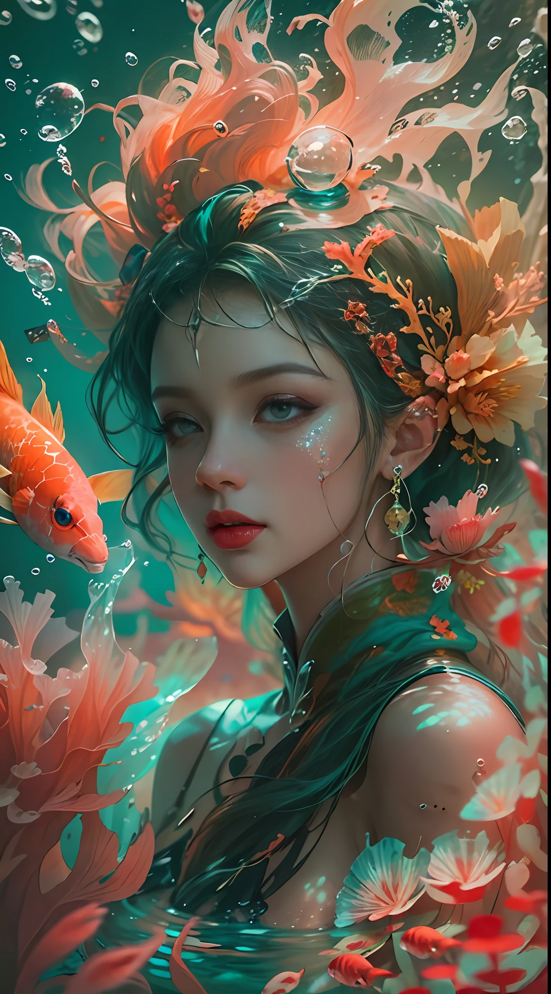 ModelShoot style, (Extremely detailed Cg Unity 8K wallpaper), A chaotic storm of intricate liquid smoke in the head, Stylized abstract photo of mermaid girl, wetted skin,Koi，Beautiful koi，Flocks of koi,carp，Strange shaped corals，ocean floor，Beautiful coral reef in the background，Rochas,Marine life，colorful coral reef,Decorate with coral reefs,author：Petros Afshar, ross tran, tom whalen, Peter Mohrbacher, Art germ, ((bubbly underwater scenery)) Radiant light octane rendering is highly detailed, inspired by Yanjun Cheng, Beautiful digital artwork, Guviz-style artwork, 8K highly detailed digital art, Beautiful digital illustration, Cute detailed digital art, stunning digital illustration, A beautiful artwork illustration, Exquisite digital illustration,8K detailed digital art,
Warming up