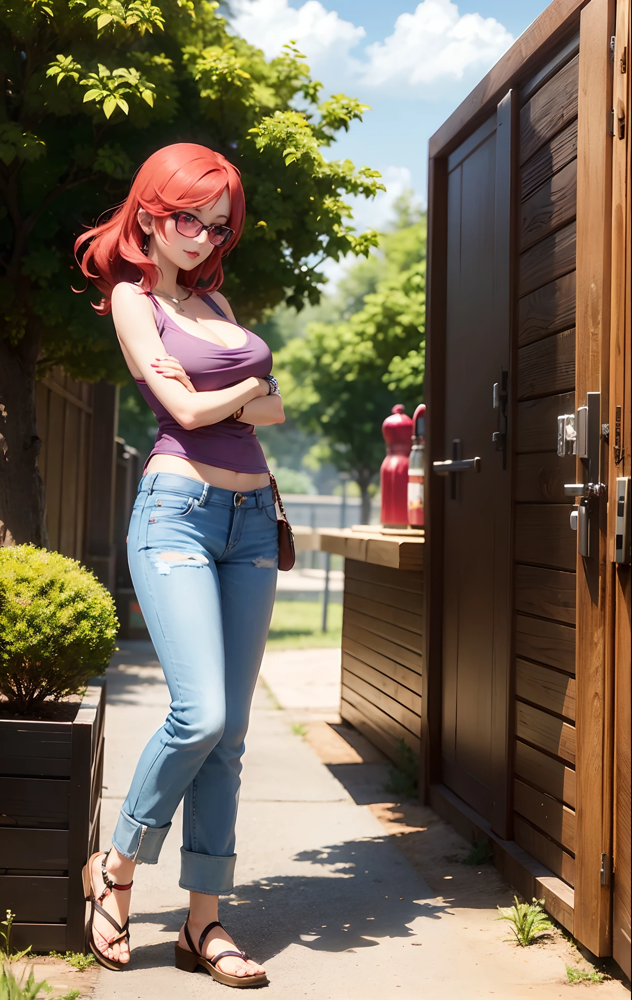 maki nishikino, ojos morados, cabello rojo, lápiz labial,camiseta sin mangas roja, pantalones de mezclilla, pantalones abiertos, anteojos, pulsera, escote, de pie, arte realista, tiro de vaquero, sexy