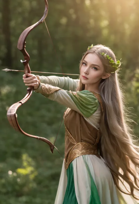 The elven princess leaned against the emerald grass，She was armed with a bow and arrow，Gaze into the distance。Her long hair flowed，A golden glow shimmers in the sunlight。The surrounding flowers bloom with colorful colors，A gentle breeze blows the leaves，Fa...