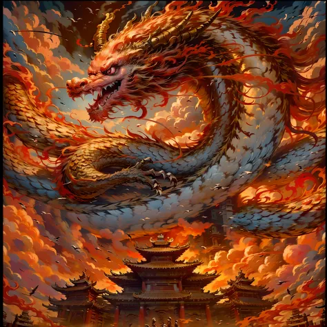 Best quality,masterpiece,ultra high res,nu no humans, (long:1.2),no humans, cloud, architecture, east asian architecture, red eyes, horns, open mouth, sky, fangs, eastern dragon, cloudy sky, teeth, flying, fire, bird, wings