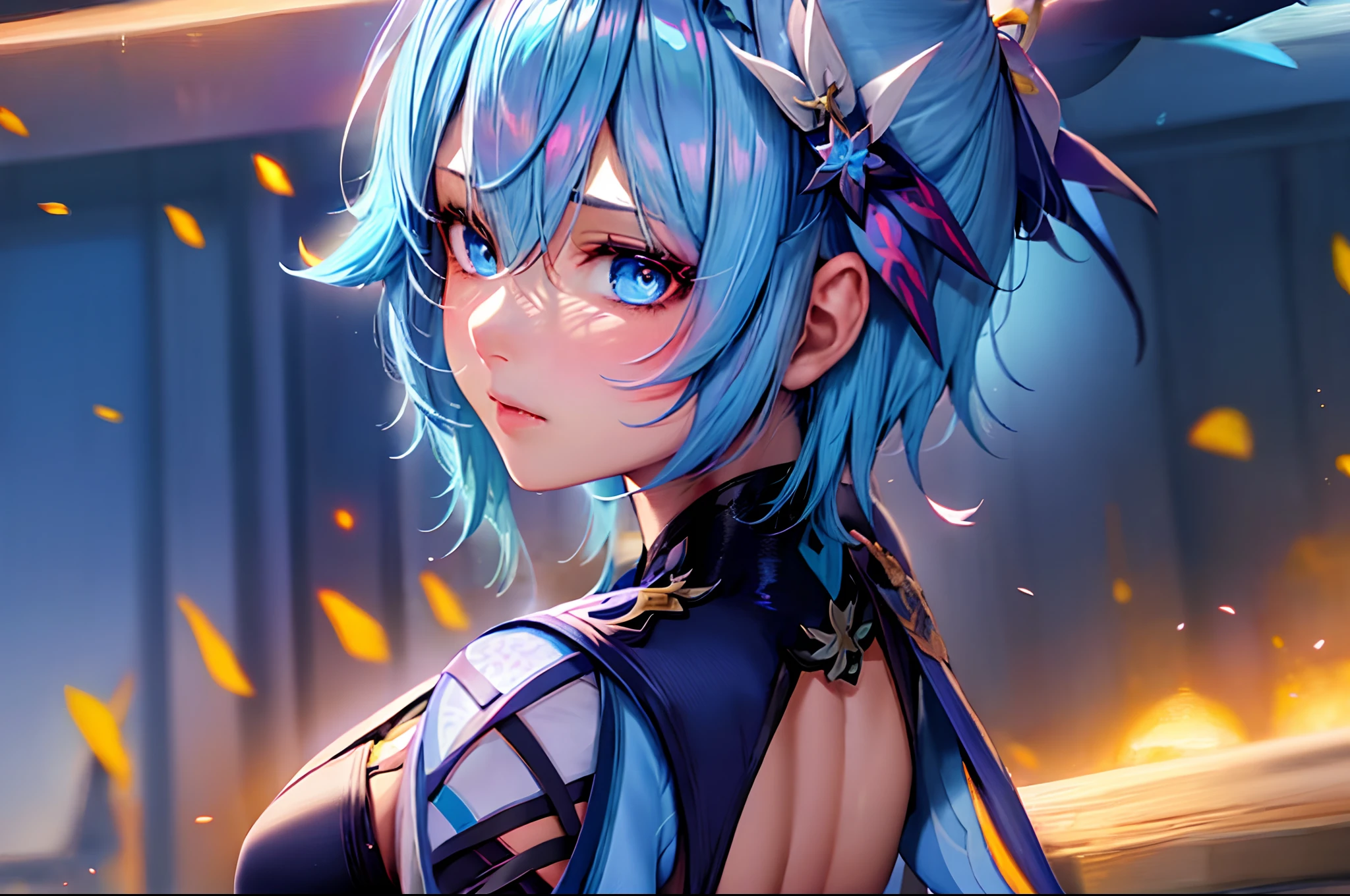 Anime - imagem de estilo de uma mulher com cabelo bleu e um top bleu, germe d&#39;art extrêmement détaillé, Ayaka genshin impact, mulher de cabelo bleu curto,  anime avec des cheveux de marteau, Artgerm dans ArtStation Pixiv, Impact d&#39;Ayaka Jogo Genshin, bleu. cheveux détaillés, art animé numérique détaillé, portrait chevaliers de fille du zodiaque