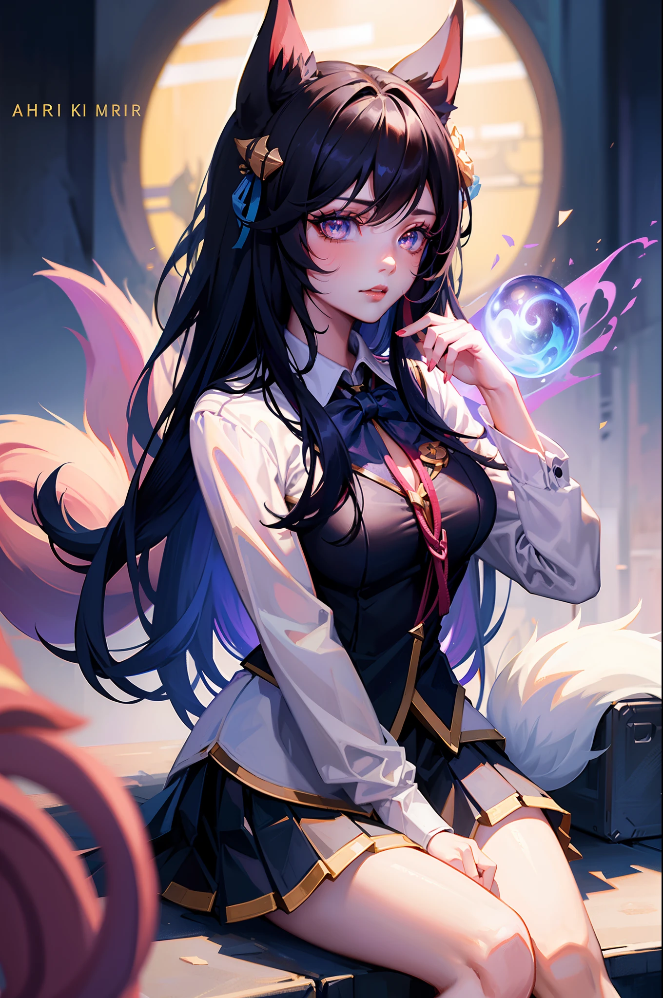 nixeu, ahri, ahri_\(league_of_legends\), 1girl, animal_ears, artist_name, bangs, black_hair, black_skirt, blue_ribbon, blurry, blurry_background, collared_shirt, facial_mark, flower, fox_ears, grey_flower, hair_flower, hair_ornament, highres, league_of_legends, long_hair, looking_at_viewer, neck_ribbon, orange_eyes, parted_lips, pleated_skirt, ribbon, shirt, sitting, skirt, solo, teeth, whisker_markings, white_shirt