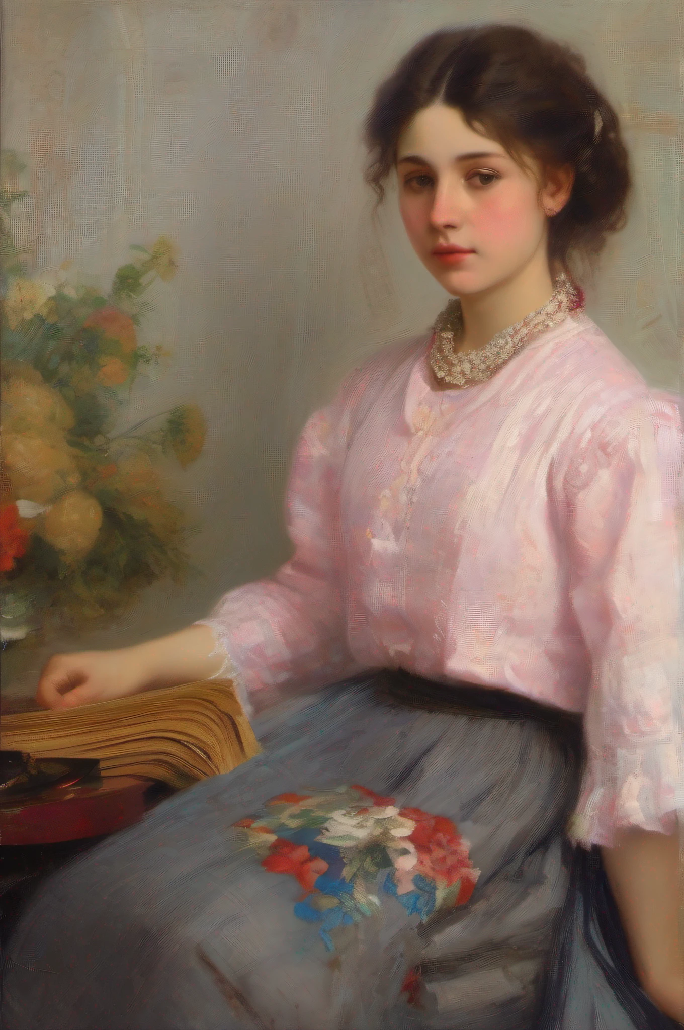 Painting of a woman in a pink dress holding a book - SeaArt AI