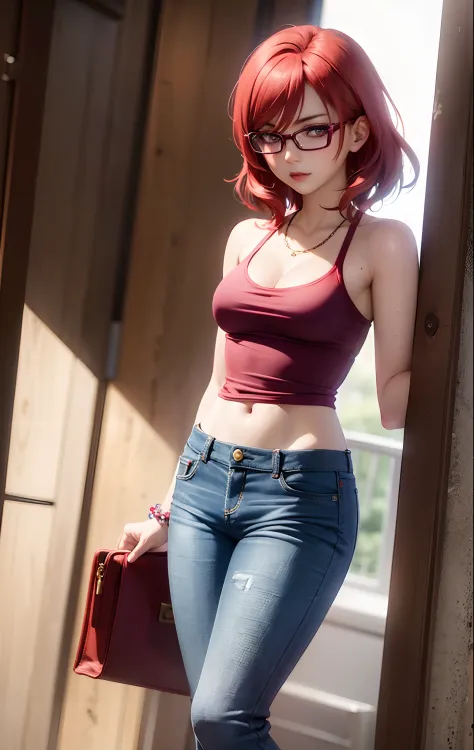 Nishikino maki, Purple eyes, red hair, lipstick,red tank top, denim pants,low waist pants, open pants, glasses, bracelet, cleava...