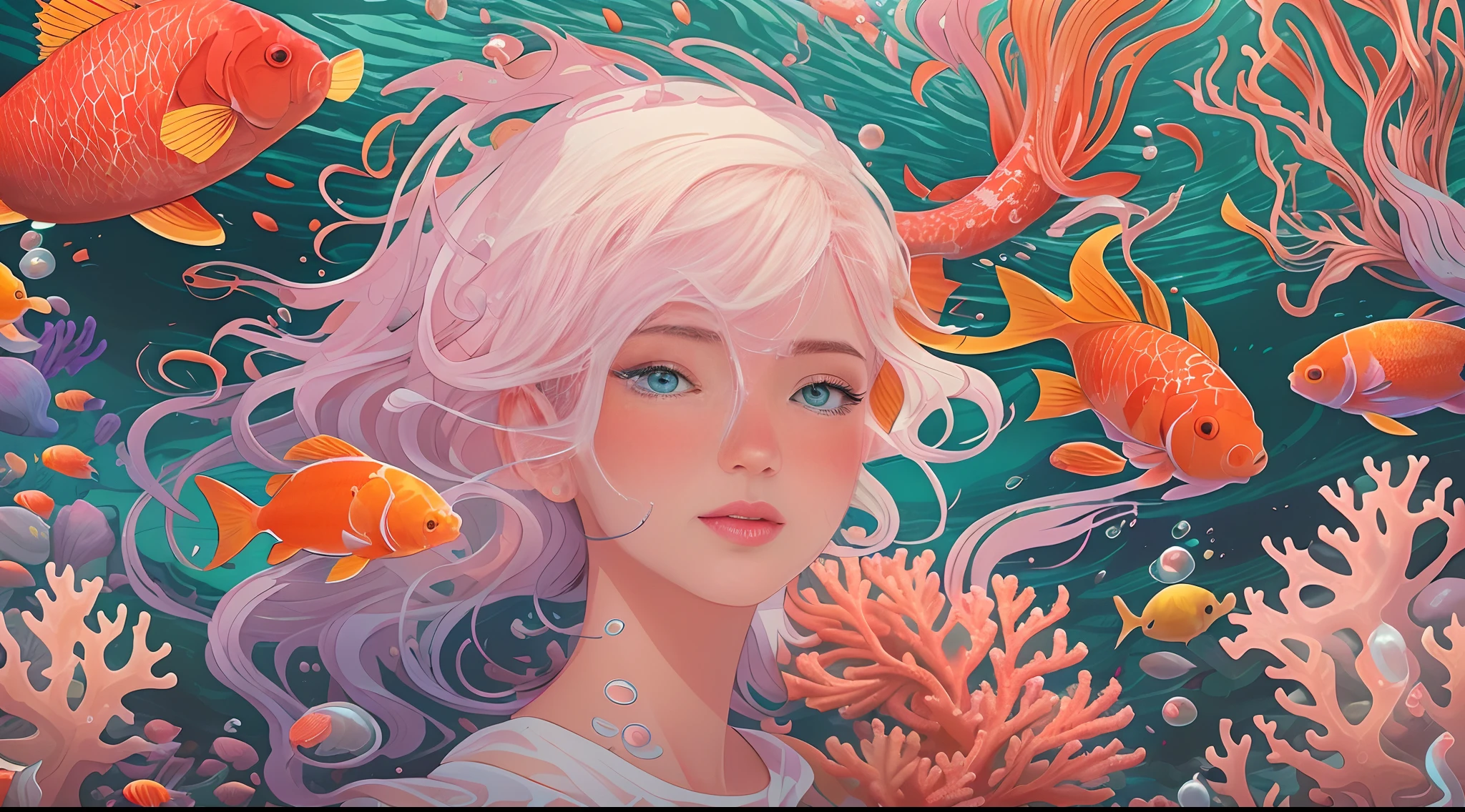 ModelShoot style, (Extremely detailed Cg Unity 8K wallpaper), A chaotic storm of intricate liquid smoke in the head, Stylized abstract portrait of beautiful girl, wetted skin,Koi，Beautiful koi，Flocks of koi,carp，Strange shaped corals，ocean floor，Beautiful coral reef in the background，Rochas,Marine life，colorful coral reef,Decorate with coral reefs,author：Petros Afshar, ross tran, tom whalen, Peter Mohrbacher, Art germ, ((bubbly underwater scenery)) Radiant light octane rendering is highly detailed, inspired by Yanjun Cheng, Beautiful digital artwork, Guviz-style artwork, 8K highly detailed digital art, Beautiful digital illustration, Cute detailed digital art, stunning digital illustration, A beautiful artwork illustration, Exquisite digital illustration,8K detailed digital art,