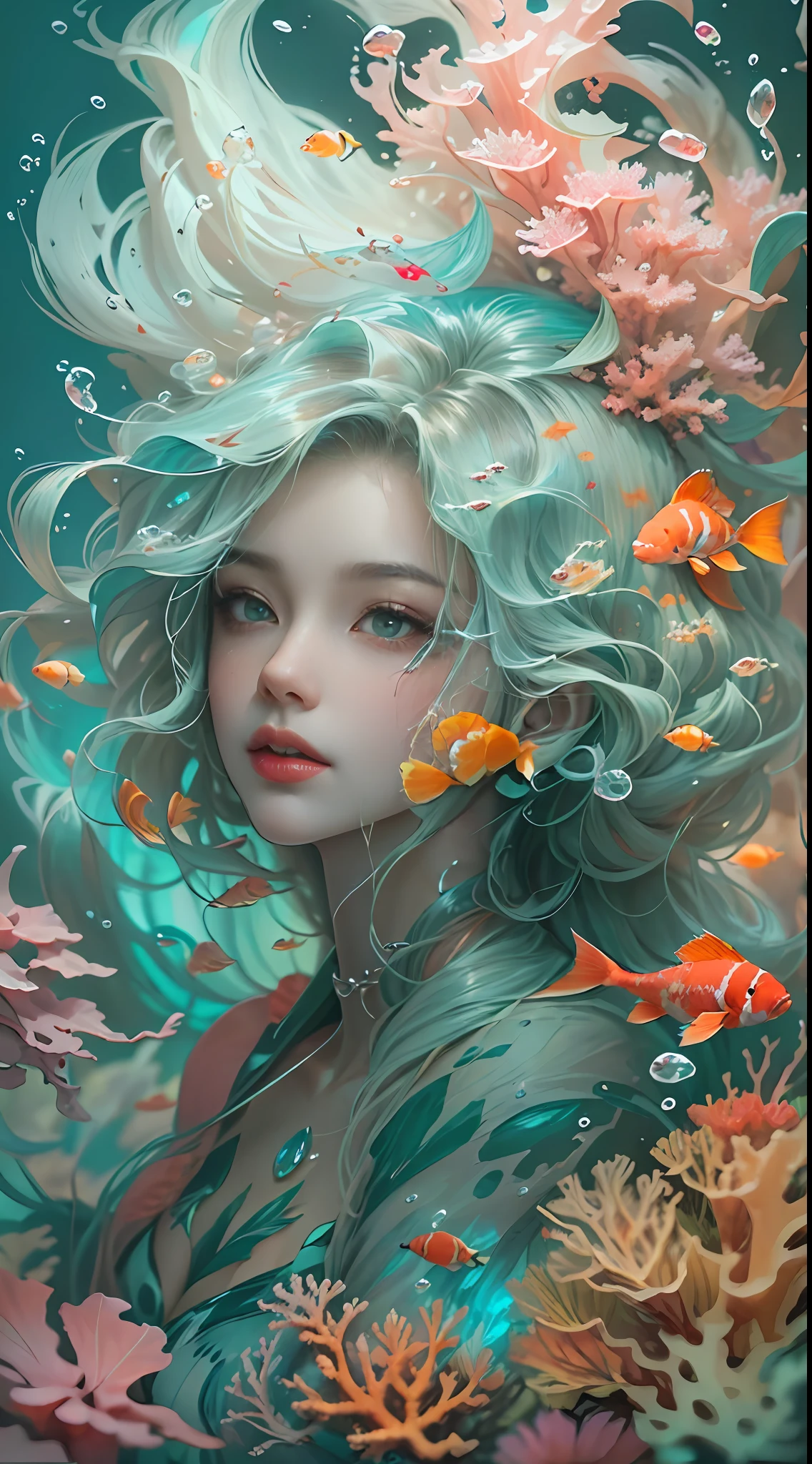ModelShoot style, (Extremely detailed Cg Unity 8K wallpaper), A chaotic storm of intricate liquid smoke in the head, Stylized abstract portrait of beautiful girl, wetted skin,Koi，Beautiful koi，Flocks of koi,carp，Strange shaped corals，ocean floor，Beautiful coral reef in the background，Rochas,Marine life，colorful coral reef,Decorate with coral reefs,author：Petros Afshar, ross tran, tom whalen, Peter Mohrbacher, Art germ, Broken glass, ((bubbly underwater scenery)) Radiant light octane rendering is highly detailed, inspired by Yanjun Cheng, Beautiful digital artwork, Guviz-style artwork, 8K highly detailed digital art, Beautiful digital illustration, Cute detailed digital art, stunning digital illustration, A beautiful artwork illustration, Exquisite digital illustration,8K detailed digital art,
