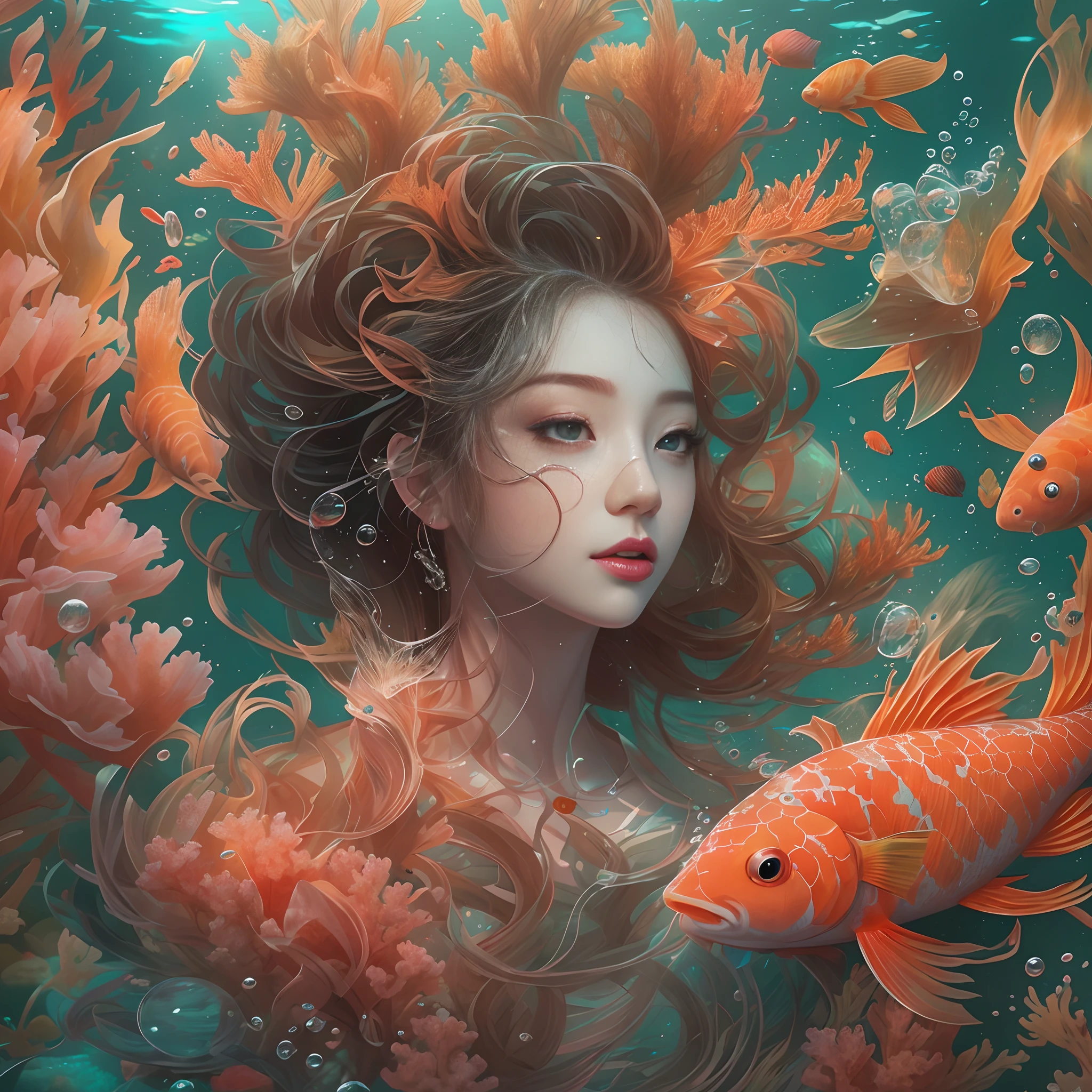 ModelShoot style, (Extremely detailed Cg Unity 8K wallpaper), A chaotic storm of intricate liquid smoke in the head, Stylized abstract portrait of beautiful girl, wetted skin,Koi，Beautiful koi，Flocks of koi,carp，Strange shaped corals，ocean floor，Beautiful coral reef in the background，Rochas,Marine life，colorful coral reef,author：Petros Afshar, ross tran, tom whalen, Peter Mohrbacher, Art germ, Broken glass, ((bubbly underwater scenery)) Radiant light octane rendering is highly detailed, inspired by Yanjun Cheng, Beautiful digital artwork, Guviz-style artwork, 8K highly detailed digital art, Beautiful digital illustration, Cute detailed digital art, stunning digital illustration, A beautiful artwork illustration, Exquisite digital illustration,8K detailed digital art,