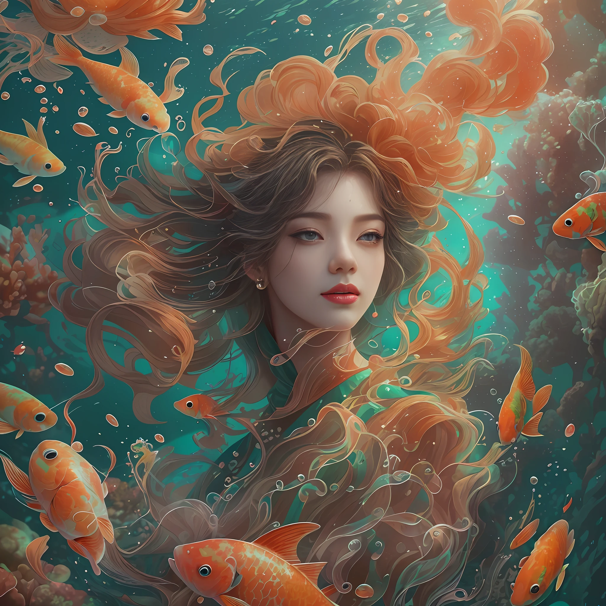 ModelShoot style, (Extremely detailed Cg Unity 8K wallpaper), A chaotic storm of intricate liquid smoke in the head, Stylized abstract portrait of beautiful girl, wetted skin,Koi，Beautiful koi，Flocks of koi,carp，Strange shaped corals，ocean floor，Beautiful coral reef in the background，Rochas,Marine life，colorful coral reef,author：Petros Afshar, ross tran, tom whalen, Peter Mohrbacher, Art germ, Broken glass, ((bubbly underwater scenery)) Radiant light octane rendering is highly detailed, inspired by Yanjun Cheng, Beautiful digital artwork, Guviz-style artwork, 8K highly detailed digital art, Beautiful digital illustration, Cute detailed digital art, stunning digital illustration, A beautiful artwork illustration, Exquisite digital illustration,8K detailed digital art,