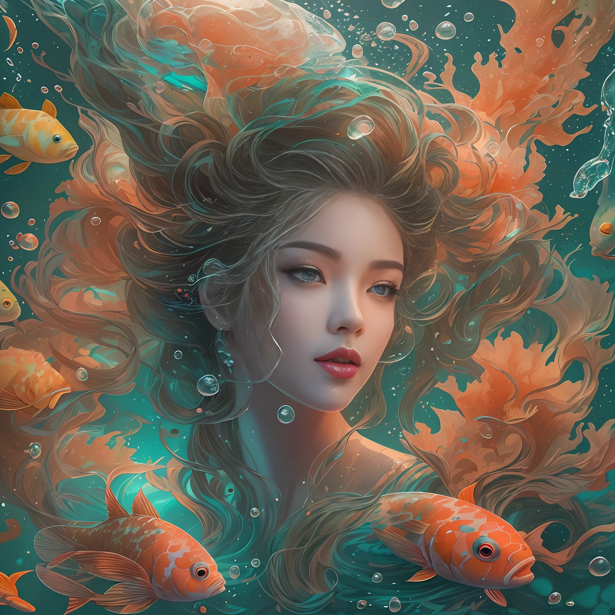 ModelShoot style, (Extremely detailed Cg Unity 8K wallpaper), A chaotic storm of intricate liquid smoke in the head, Stylized abstract portrait of beautiful girl, wetted skin,Koi，Beautiful koi，Flocks of koi,carp，Strange shaped corals，ocean floor，Beautiful coral reef in the background，Rochas,Marine life，colorful coral reef,author：Petros Afshar, ross tran, tom whalen, Peter Mohrbacher, Art germ, Broken glass, ((bubbly underwater scenery)) Radiant light octane rendering is highly detailed, inspired by Yanjun Cheng, Beautiful digital artwork, Guviz-style artwork, 8K highly detailed digital art, Beautiful digital illustration, Cute detailed digital art, stunning digital illustration, A beautiful artwork illustration, Exquisite digital illustration,8K detailed digital art,