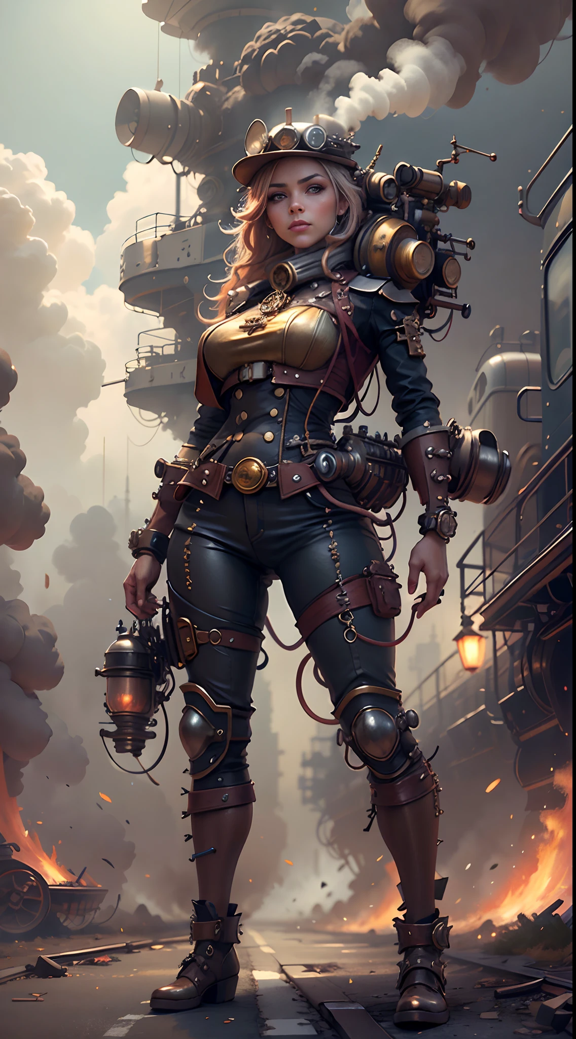 There's a girl with a street punk, standing with Steam punk Helicopter,dusky skin, with muscled body, steel armor, Royal look,helmet, arte conceitual steampunk, full body view top to bottom, standing in backview turning camera, random camera angle,dark smoke fog background,arte street punk digital, arte street punk de alta qualidade, Wojtek FUS, arte digital street punk, detailed wild street punk illustration, Portrait of a gold and copper mechanical woman, arte street punk, estilo de arte dieselpunk, cyberpunk street punk, estilo de fantasia street punk, smoke, smoke, steam, steam, locomotive, zeppelin, zeplin, Arte digital altamente detalhada em 4k, sci-fi street punk