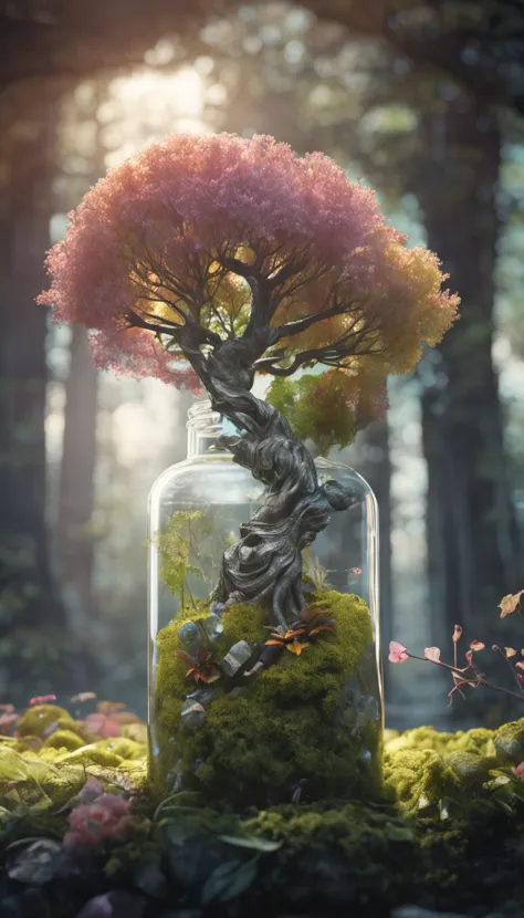 A dreamy art tree in a bottle, fluffy, realistic, photographic, canon, dreamy, artistic, splendid leaves and branches with flowers above its head. Greg Rutkowski's Ultra Detailed Photo Realism - H1024W 804 | F16 Lens Markers 2:2 S 35555 mm Film Particles: ...