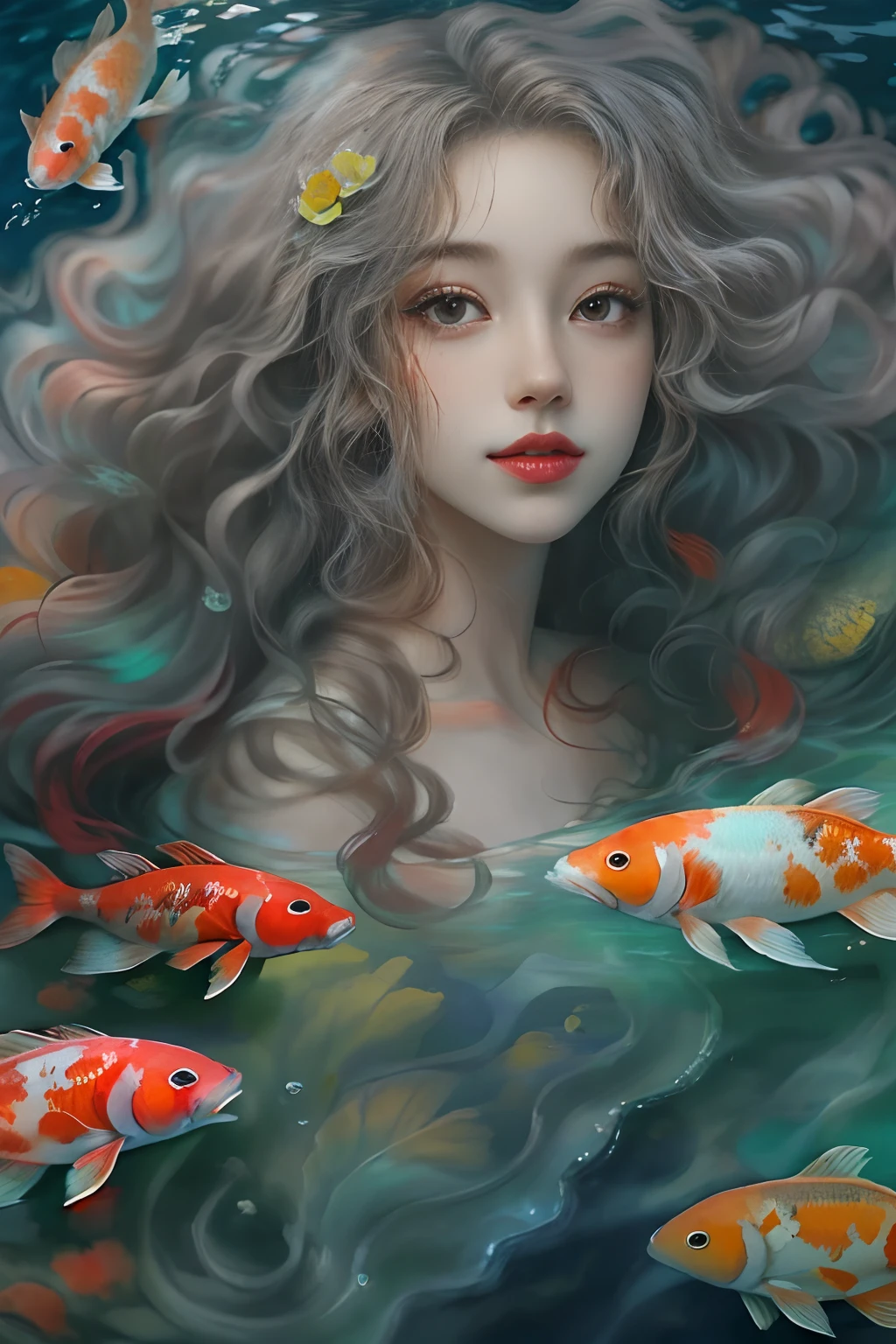 ocean floor，Portrait of a beautiful girl，curlies，Long hair flowing in the water，Beautiful koi，Garnish with coral，Messy painting style，