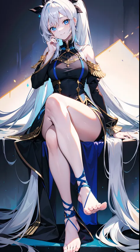 young girl, Long white hair with blue strands, blue eyes, high ponytail, Black blue dress, Gold Elements, bare back, Sits, foot on foot, ssmile, Masterpiece, hiquality