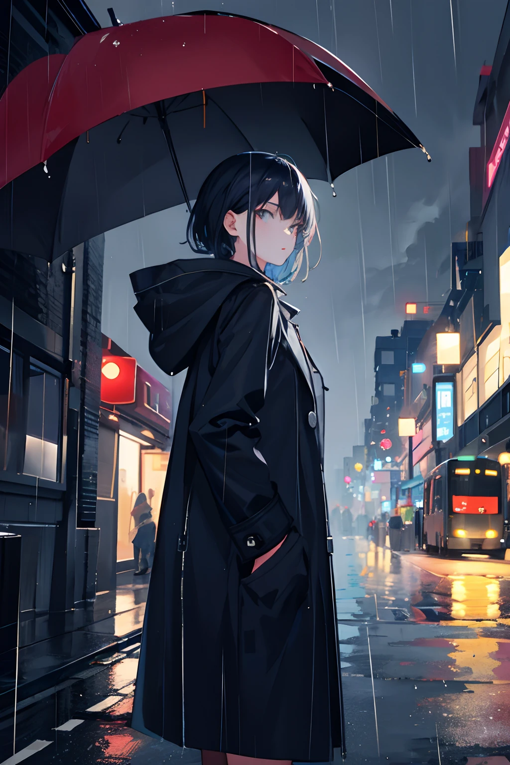 1girl, Night City, rain, coat, hands in pockets