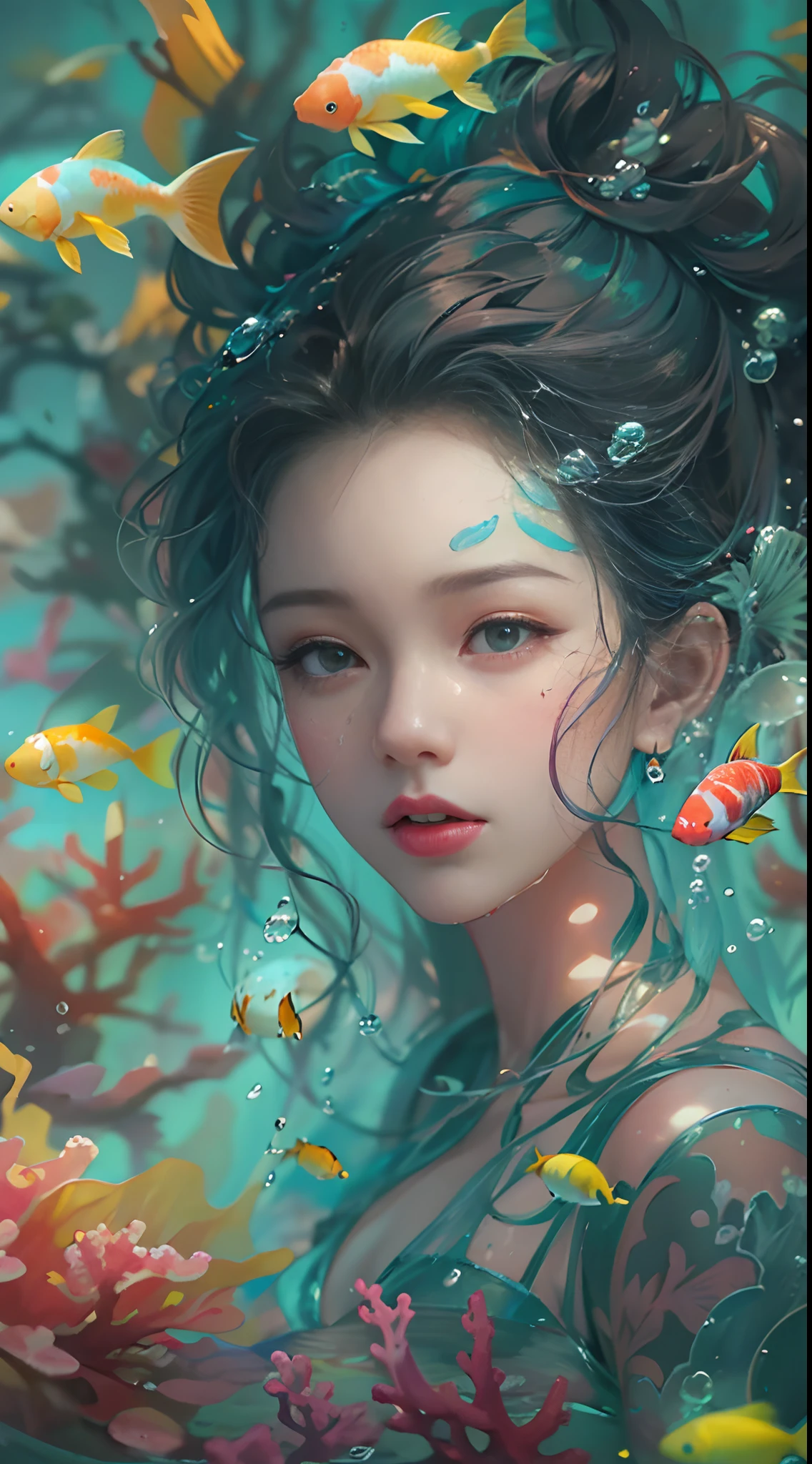 ModelShoot style, (Extremely detailed Cg Unity 8K wallpaper), A chaotic storm of intricate liquid smoke in the head, Stylized abstract portrait of beautiful girl, wetted skin,Koi，Beautiful koi，Flocks of koi,carp，Strange shaped corals，ocean floor，Beautiful coral reef in the background，Rochas,Marine life，colorful coral reef,author：Petros Afshar, ross tran, tom whalen, Peter Mohrbacher, Art germ, Broken glass, ((bubbly underwater scenery)) Radiant light octane rendering is highly detailed, inspired by Yanjun Cheng, Beautiful digital artwork, Guviz-style artwork, 4k highly detailed digital art, Beautiful digital illustration, Cute detailed digital art, stunning digital illustration, A beautiful artwork illustration, Exquisite digital illustration, 4K detailed digital art,
waiting to start