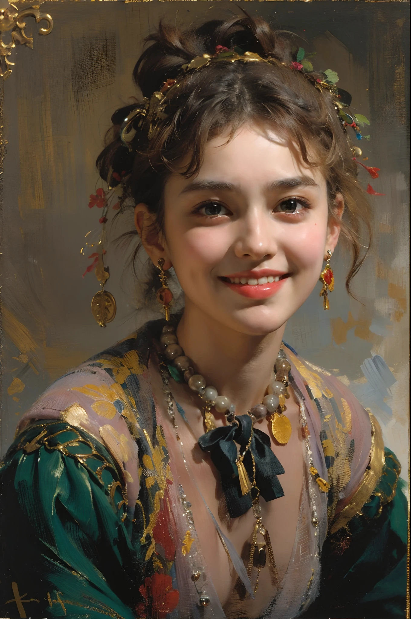 17-year-old girl, (style of: Ilya Repin), ((tmasterpiece)) with collected hair, skirt and shirt, blush on cheeks, Rowan beads, naivety and simplicity, Emotional smile, Proper anatomy of the body, Realistic, Classical Russian painting, Academic, Extreme detailing, Colorful plot