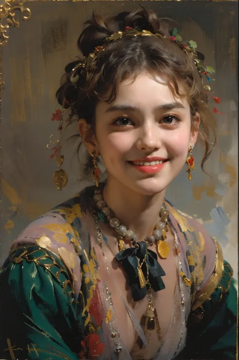 17-year-old girl, (style of: Ilya Repin), ((tmasterpiece)) with collected hair, skirt and shirt, blush on cheeks, Rowan beads, n...