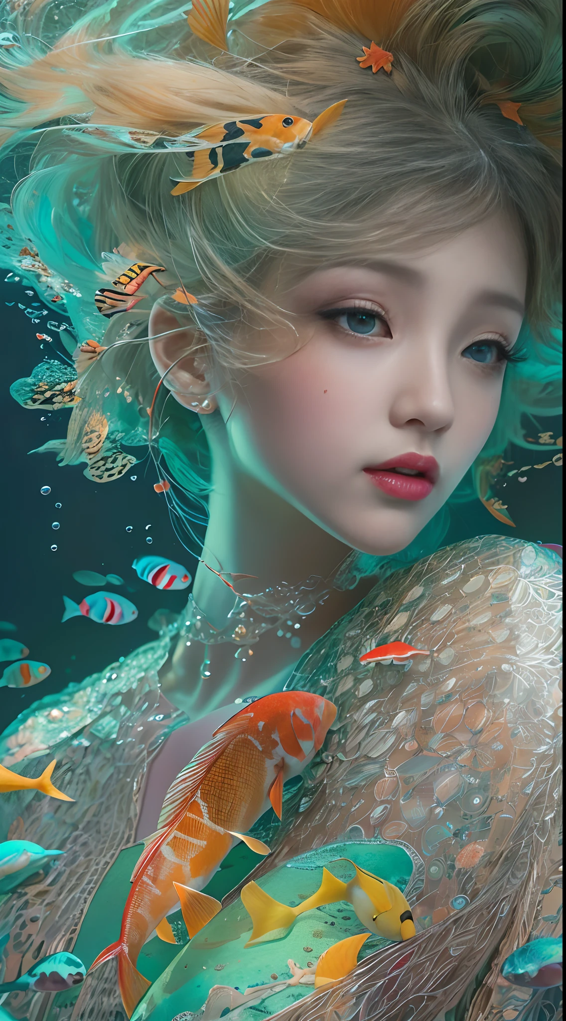 ModelShoot style, (Extremely detailed Cg Unity 8K wallpaper), A chaotic storm of intricate liquid smoke in the head, Stylized abstract portrait of beautiful girl, wetted skin,Koi，Beautiful koi，Flocks of koi,carp，Strange shaped corals，ocean floor，Beautiful coral reef in the background，Rochas,Marine life，colorful coral reef,author：Petros Afshar, ross tran, tom whalen, Peter Mohrbacher, Art germ, Broken glass, ((bubbly underwater scenery)) Radiant light octane rendering is highly detailed, inspired by Yanjun Cheng, Beautiful digital artwork, Guviz-style artwork, 4k highly detailed digital art, Beautiful digital illustration, Cute detailed digital art, stunning digital illustration, A beautiful artwork illustration, Exquisite digital illustration, 4K detailed digital art,
waiting to start