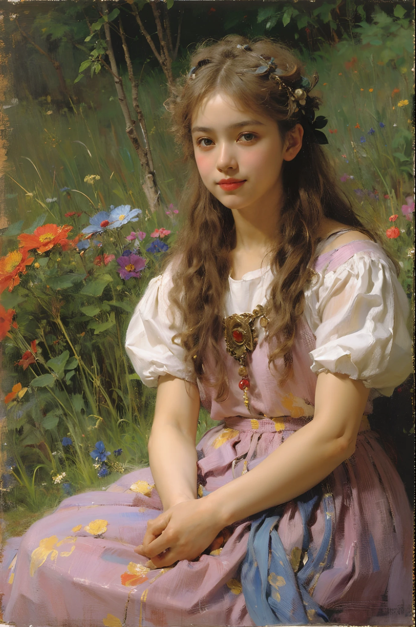 17-year-old girl, (style of: Ilya Repin), ((tmasterpiece)) with collected hair, skirt and shirt, blush on cheeks, Rowan beads, naivety and simplicity, Emotional smile, Proper anatomy of the body, Realistic, Classical Russian painting, Academic, Extreme detailing, Colorful plot