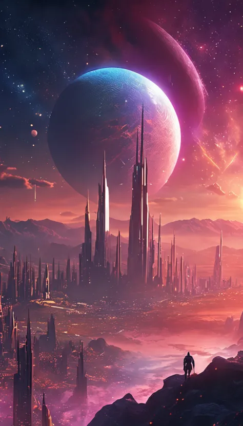 Starry sky and distant fantasy cities and planets with towers, epic fantasy sci fi illustration, fantasy planet, arstation and beeple highly, Fantasy space, fantasy scifi, epic scifi fantasy art, epic dreamlike fantasy landscape, ethereal starlit city at sunset, impressive fantasy landscape, Sci-fi fantasy wallpaper, epic beautiful space scifi, Fantasy Sci-Fi - Fantasy