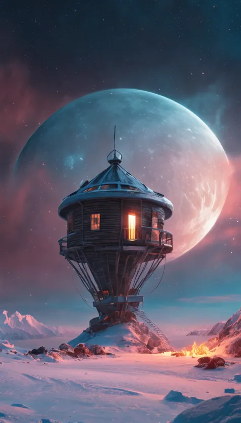 4K, hdr, High quality, tree house, Beautiful, Space Trader, looks away, Sparkling snowdrifts, Frozen tundra, Arctic sea ice,  nigh sky, stars, Clouds, Fiery sky, space, Moon, Works of art by Jean-Honor Fragonard and Michal Karcz