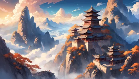 Ancient Chinese landscapes，mountain ranges，rios，Auspicious clouds，rays of sunshine，tmasterpiece，super detailing，Epic composition，hyper HD，high qulity，extremely detaile，offcial art，Unity8k wallpapers，super detailing，Intentional realm, 32k -- v 6