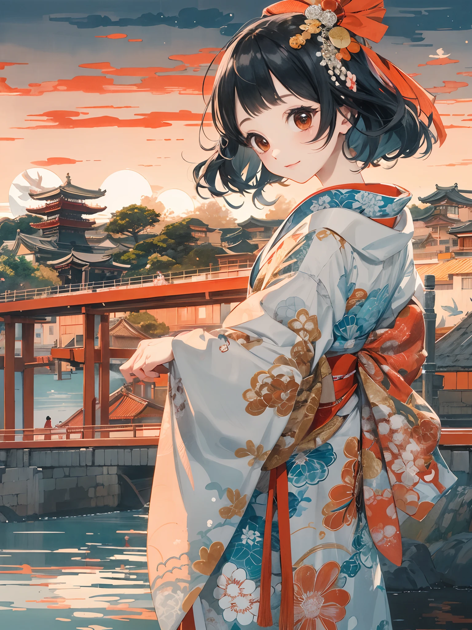 Top image quality、Cute  s、Black hair long straight、Kimono Dresses、Bright red sunset、on a bridge、ukiyoe painting、summer