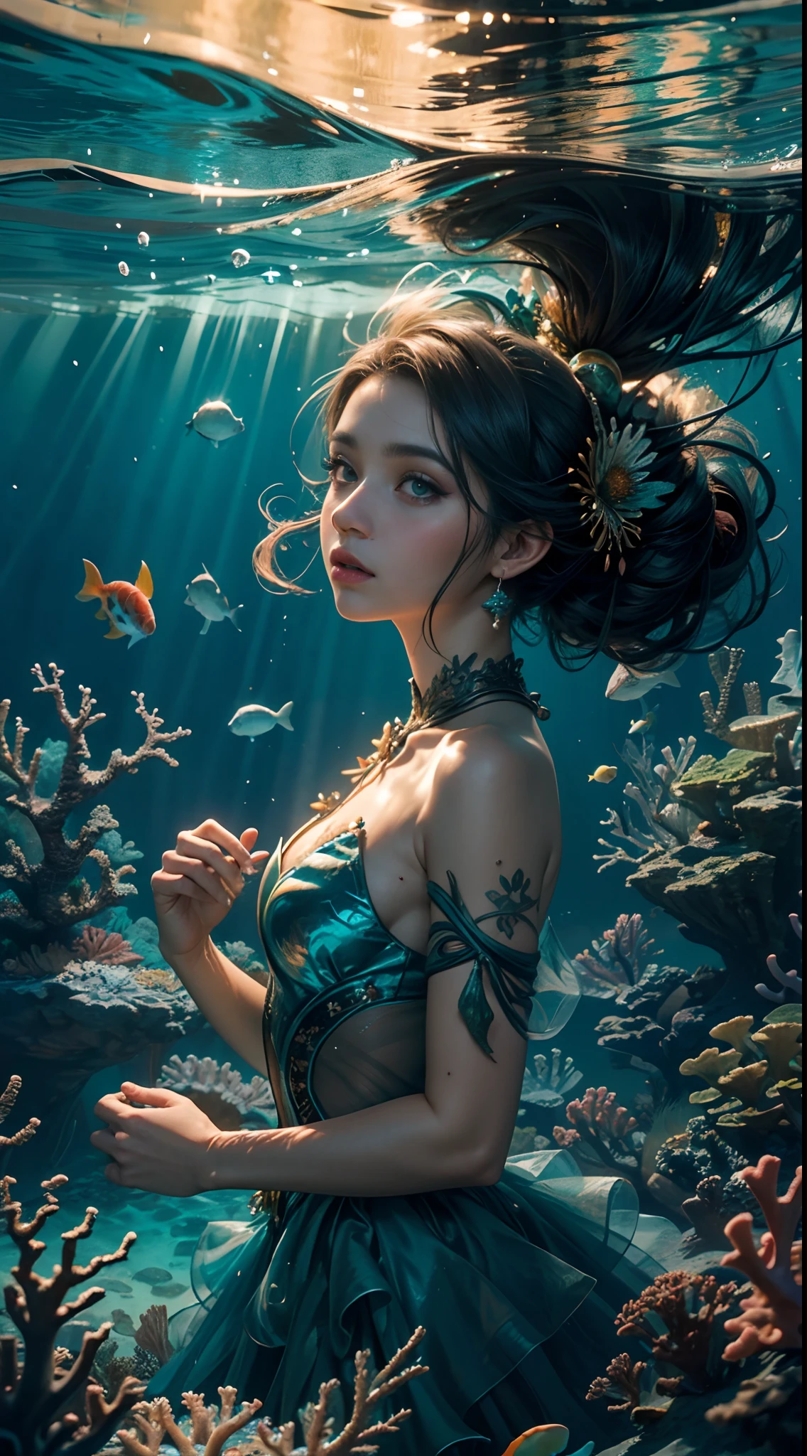 modelshoot style, (extremely detailed CG unit 8k wallpaper), A chaotic storm of intricate liquid smoke in the head, Stylized abstract portrait of pretty, skin wet,Koi，Koi bonito |，Bandas Koi,carp，Strangely shaped corals，Ocean floor，Beautiful coral reef in the background，rockery,Marine life，author：Petros Afshar, ross tran, Tom Baleia, peter mohrbacher, art germ, vidro quebrado, ((bubbly underwater scenery)) The octane rendering of radiant light is highly detailed