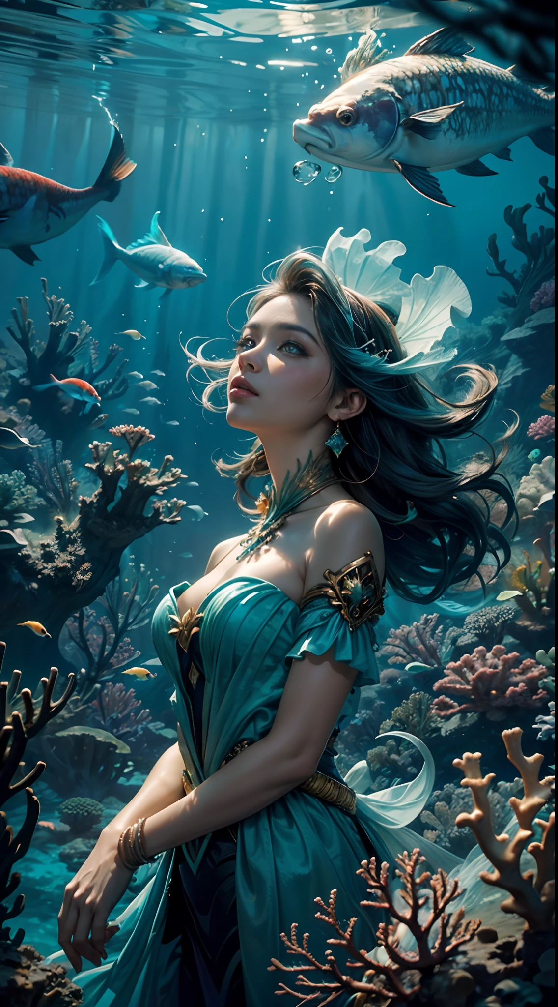 modelshoot style, (extremely detailed CG unit 8k wallpaper), A chaotic storm of intricate liquid smoke in the head, Stylized abstract portrait of pretty, skin wet,Koi，Koi bonito |，Bandas Koi,carp，Strangely shaped corals，Ocean floor，Beautiful coral reef in the background，rockery,Marine life，author：Petros Afshar, ross tran, Tom Baleia, peter mohrbacher, art germ, vidro quebrado, ((bubbly underwater scenery)) The octane rendering of radiant light is highly detailed